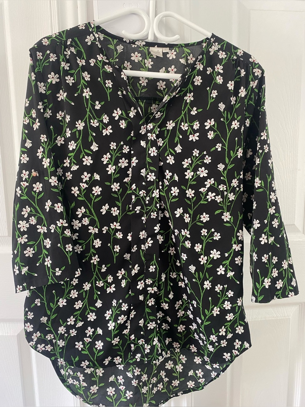 twik Black Floral Button-Front Blouse with Green Stems
